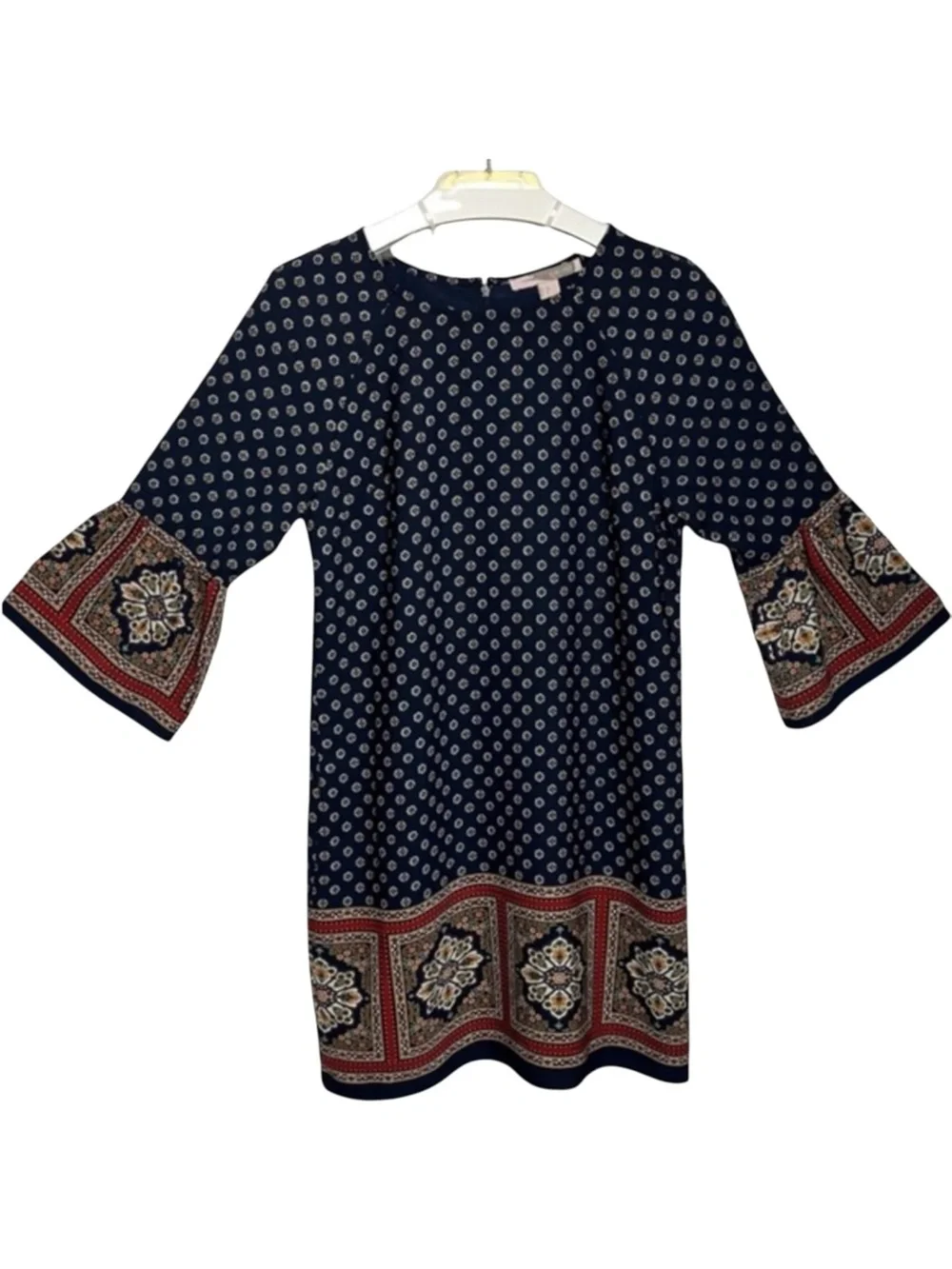 FOREVER 21 Contemporary Navy Blue Boho Floral Print Bell Sleeve DressSize Small